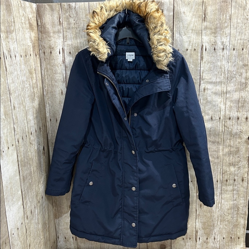 J.Crew Navy Hooded Coat with Faux Fur Trim
